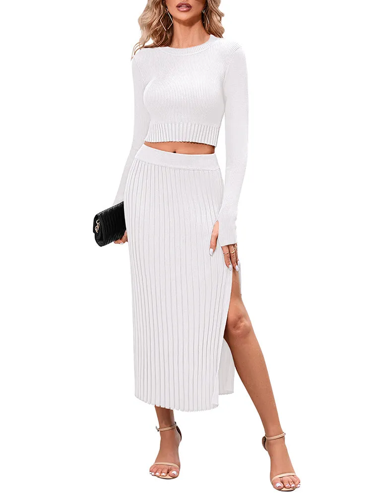 Women's Crop Top Split Bodycon Midi Skirt Fall Sweater Dresses