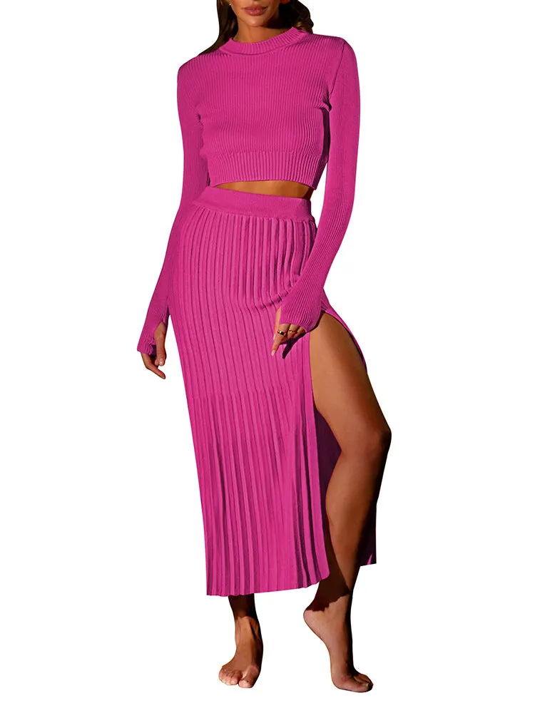 Women's Crop Top Split Bodycon Midi Skirt Fall Sweater Dresses