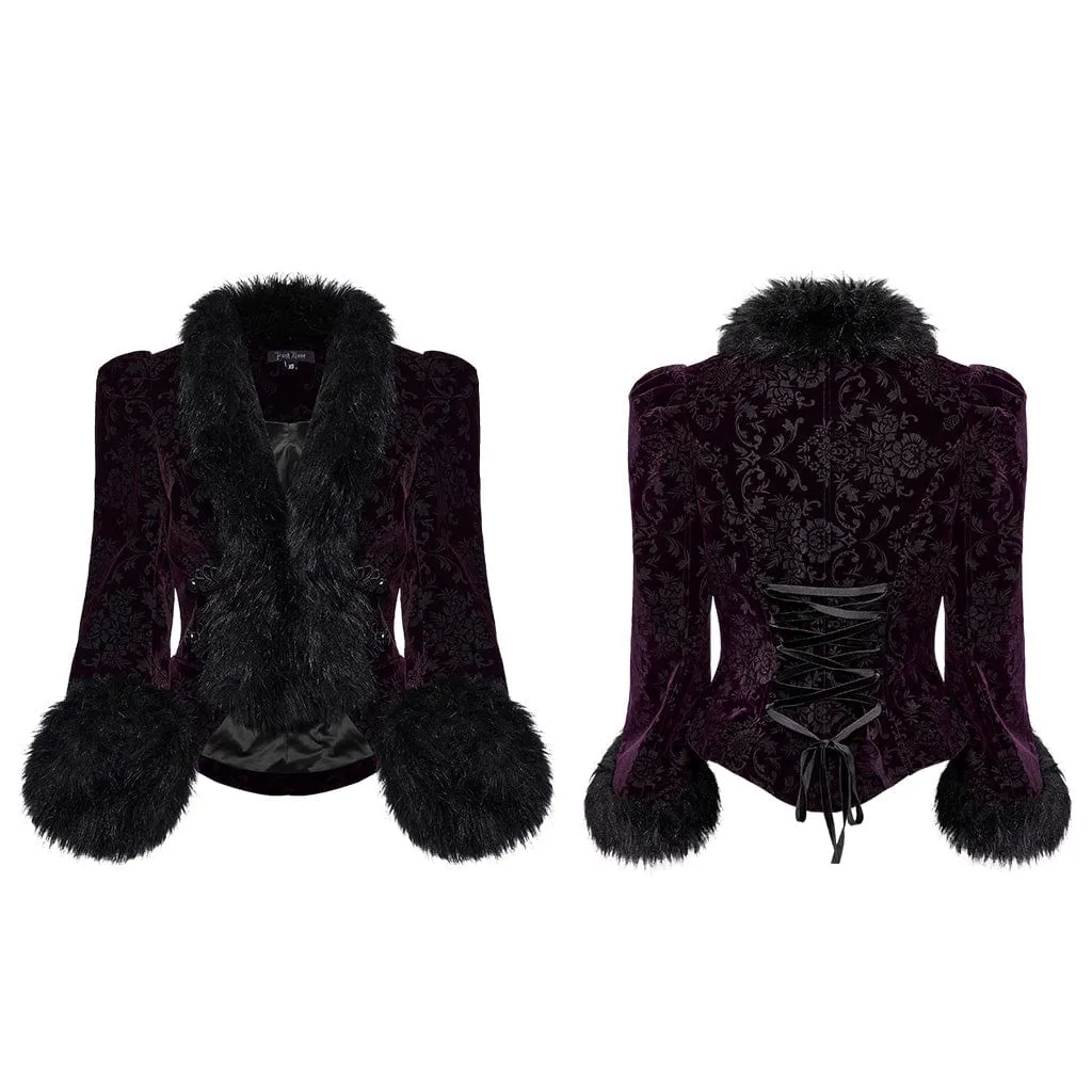 Women's Gothic Plunging Faux Fur Splice Velvet Coat