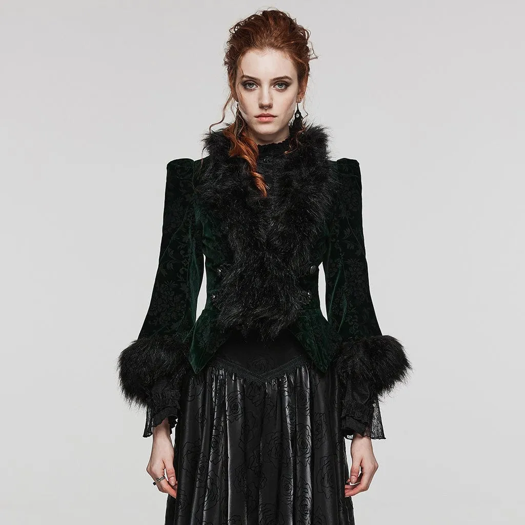 Women's Gothic Plunging Faux Fur Splice Velvet Coat