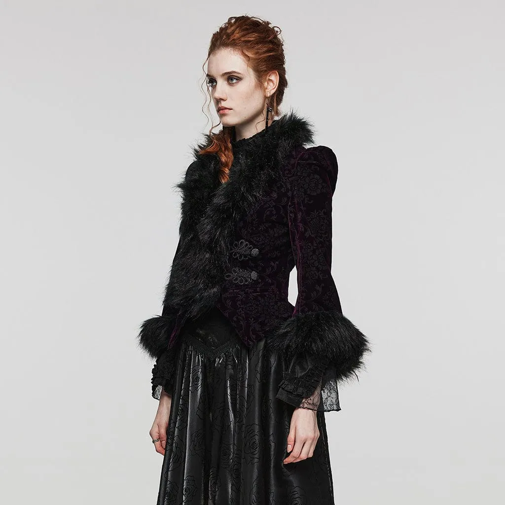 Women's Gothic Plunging Faux Fur Splice Velvet Coat