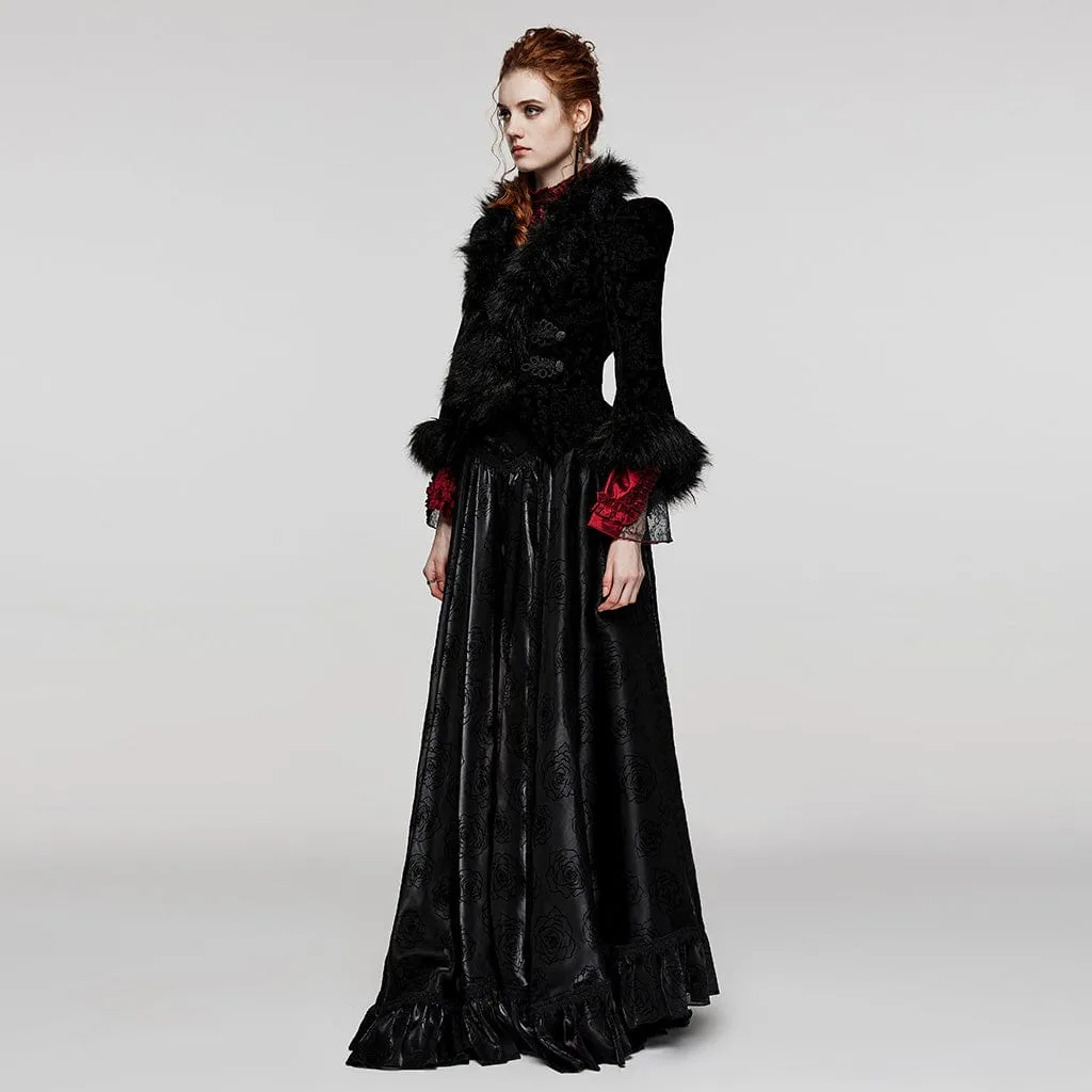 Women's Gothic Plunging Faux Fur Splice Velvet Coat