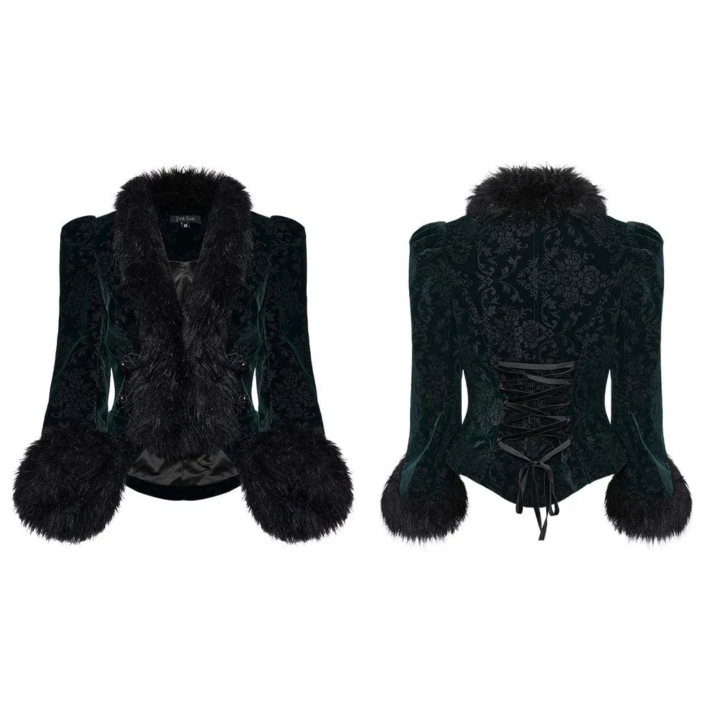 Women's Gothic Plunging Faux Fur Splice Velvet Coat