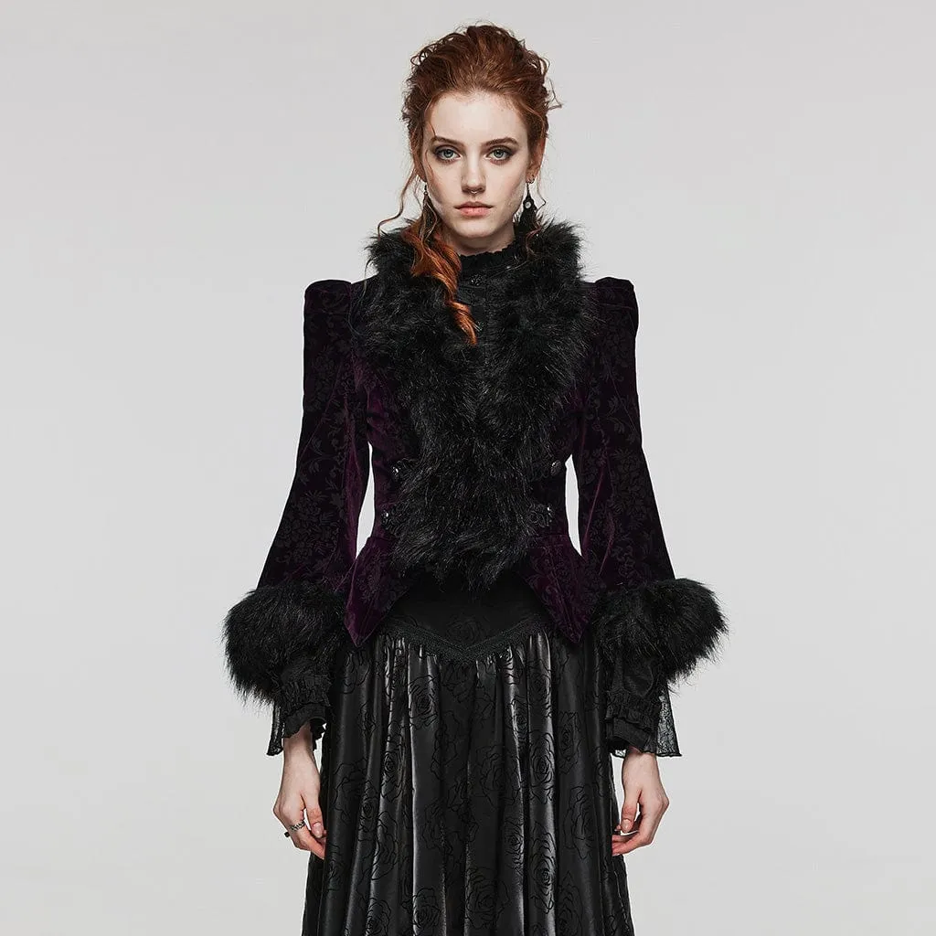 Women's Gothic Plunging Faux Fur Splice Velvet Coat