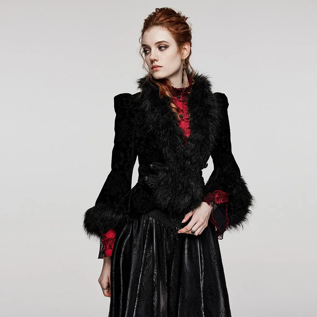 Women's Gothic Plunging Faux Fur Splice Velvet Coat