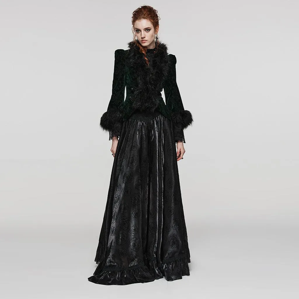 Women's Gothic Plunging Faux Fur Splice Velvet Coat