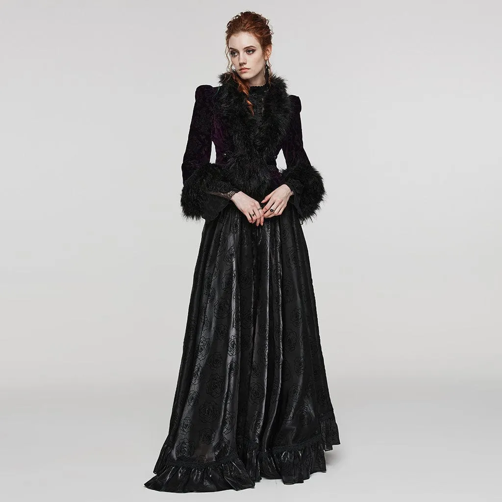 Women's Gothic Plunging Faux Fur Splice Velvet Coat