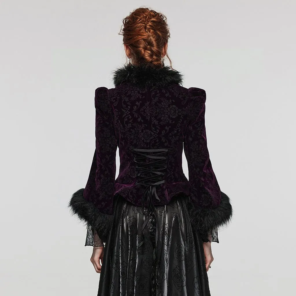 Women's Gothic Plunging Faux Fur Splice Velvet Coat