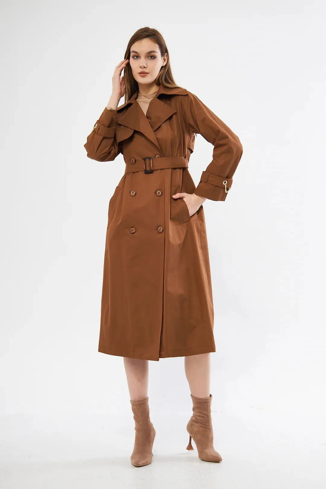 Women's Long Trench Coat with Chain Detail - Brown - SCB-W12386