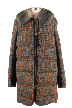 Wool Tweed Down Coat W/ Fur Collar