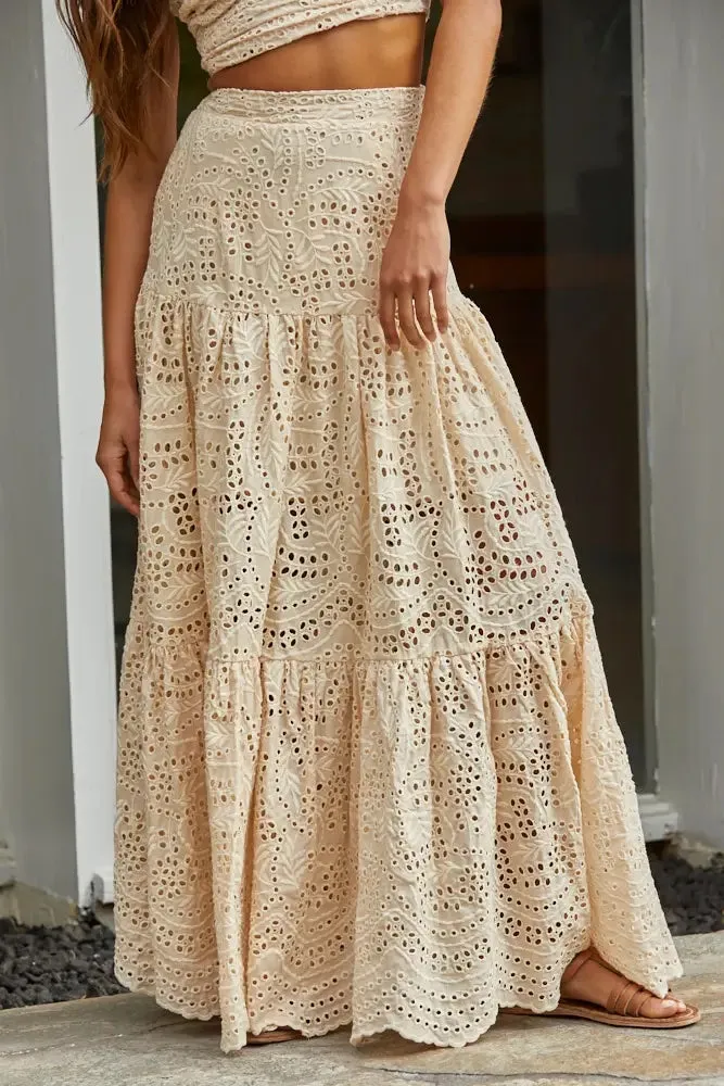 Woven Eyelet Gauze Scallop Ruffle Maxi Skirt