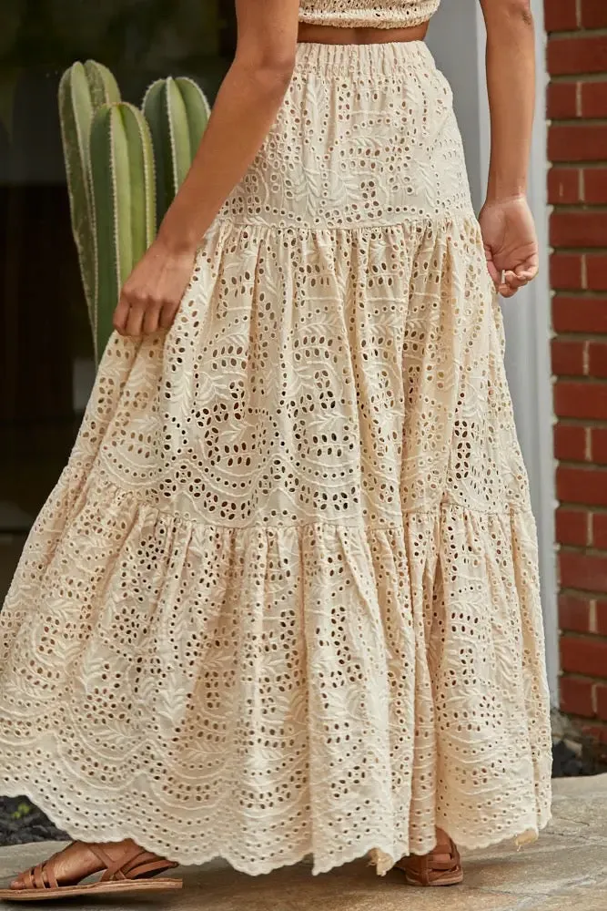 Woven Eyelet Gauze Scallop Ruffle Maxi Skirt