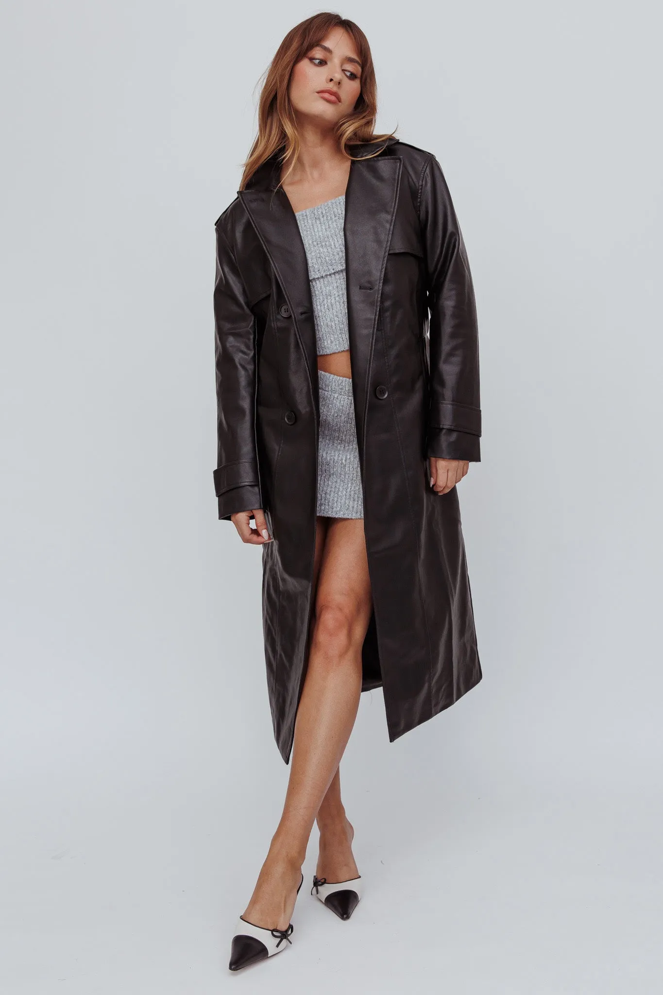 Zen Faux Leather Trench Coat Black